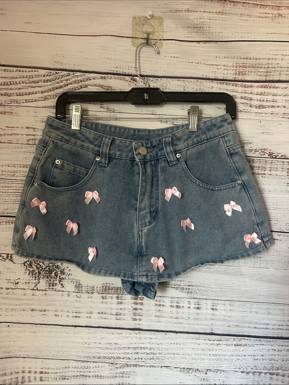 Fashion Nova Light Blue Denim Skort with Pink Ribbon Bows size small